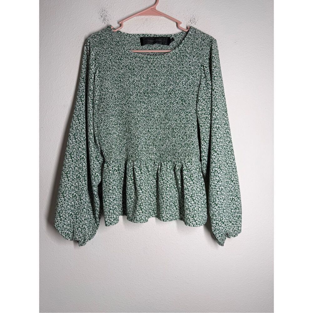 Code X Mode Women's Bohemian Green White Smooth Blouse Size L Ruched Long Sleeve